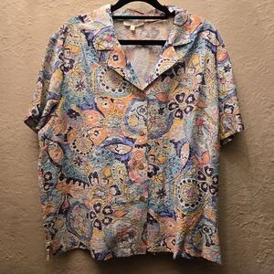 Vintage 90s Escape Paisley Floral Button Up Shirt Crinkle Cotton Top Size L